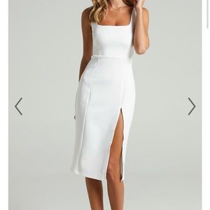 MINI LOVE SQUARE NECK SPLIT MIDI DRESS IN WHITE